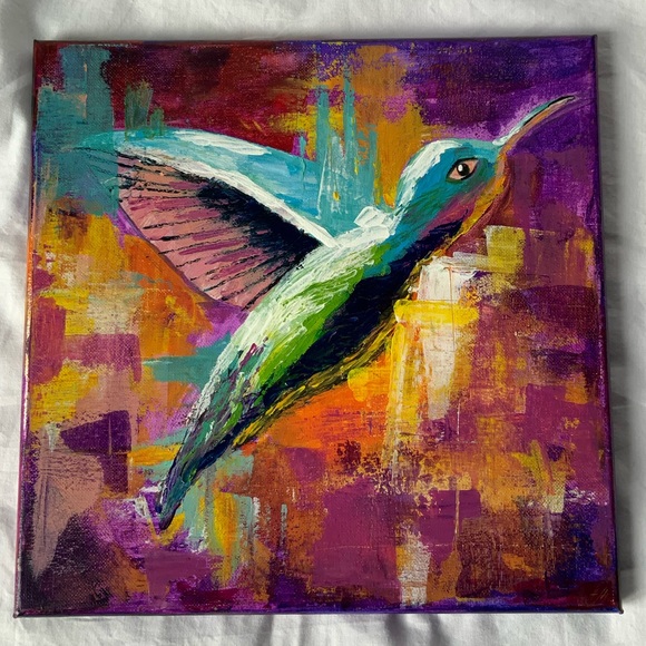 🌙 New Original Acrylic Painting Hummingbird Palette Knife Wall Art Bright 12x12